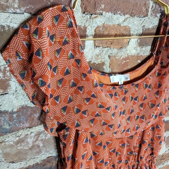 PNIINA Medium Orange Abstract‎ Asymmetrical Off the Shoulder Lined Dress - Picture 2 of 11